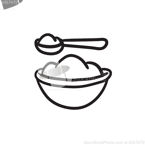 Image of Baby spoon and bowl full of meal sketch icon.