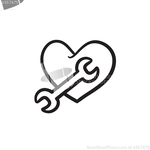 Image of Heart with wrench sketch icon.