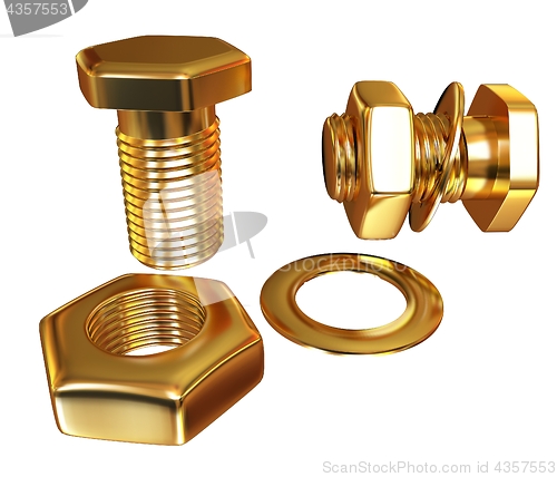 Image of Gold Bolt with nut. 3d illustration