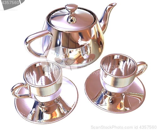 Image of Chrome Teapot and mugs. 3d illustration