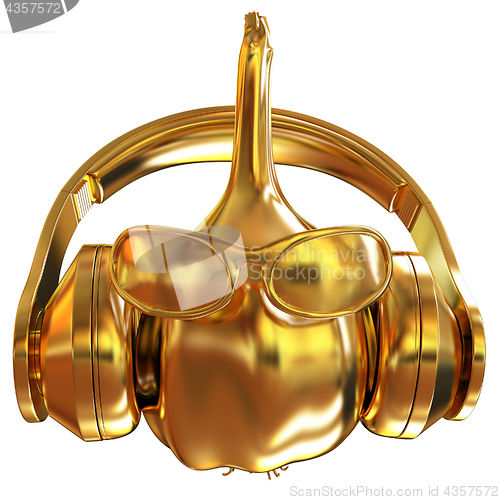 Image of Gold Head of garlic with sun glass and headphones front \"face\" o