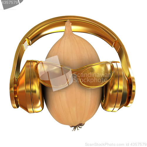 Image of Ripe onion with gold sun glass and gold headphones front \"face\" 