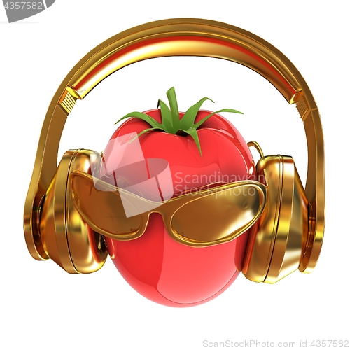 Image of tomato with sun glass and headphones front \"face\" on a white bac