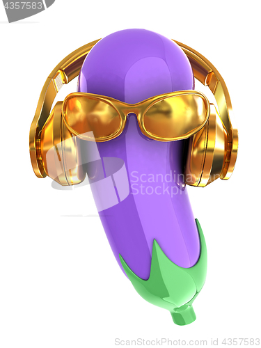 Image of eggplant with sun glass and headphones front \"face\" on a white b