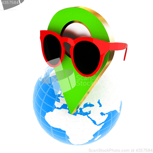 Image of Glamour map pointer in sunglasses on Earth. 3d illustration