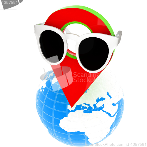 Image of Glamour map pointer in sunglasses on Earth. 3d illustration