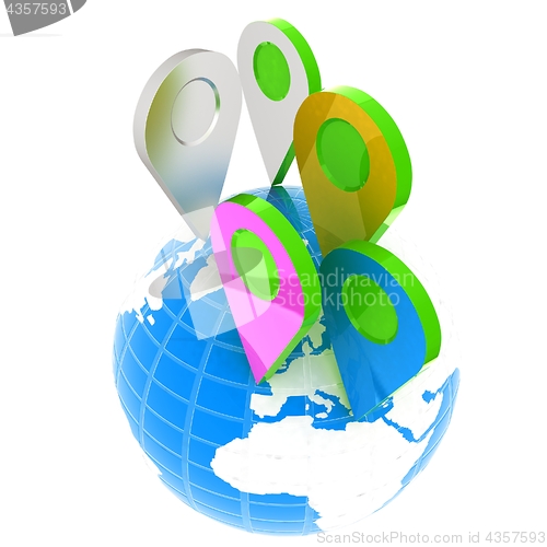 Image of Planet Earth and map pins icon. Earth globe and colorful map lab