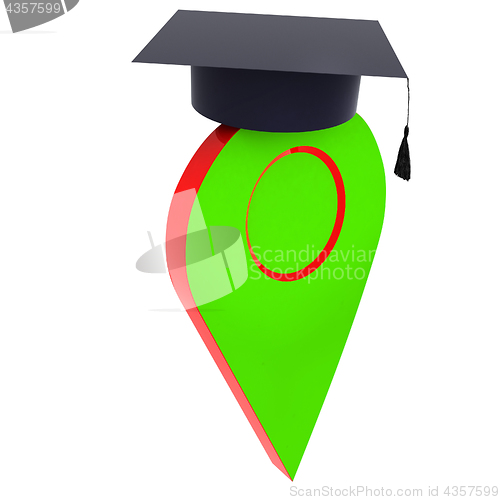 Image of Geo pin with graduation hat on white. School sign, geolocation a