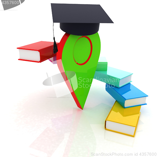 Image of Pointer of education in graduation hat with books around. 3d ill