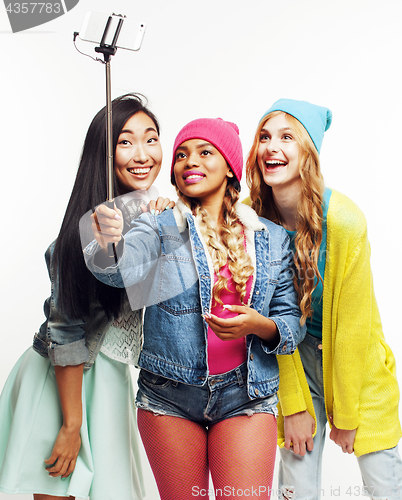 Image of diverse nation girls group, teenage friends company cheerful having fun, happy smiling, cute posing isolated on white background, lifestyle people concept 