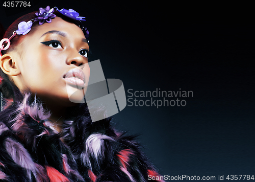 Image of young pretty african-american woman posing in fashion clothers emotional, lifestyle people concept close up