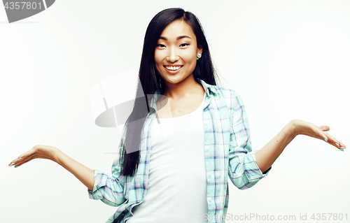 Image of young pretty asian woman posing cheerful emotional isolated on white background, lifestyle people concept 