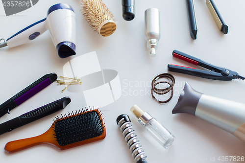Image of hairdryers, irons, hot styling sprays and brushes