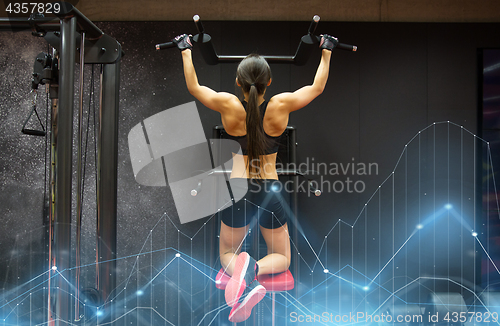 Image of woman exercising and doing pull-ups in gym