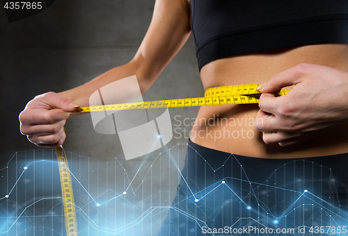 Image of close up of woman measuring waist by tape in gym