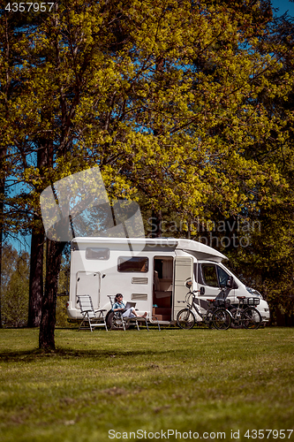 Image of Family vacation travel, holiday trip in motorhome RV