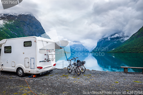 Image of Family vacation travel RV, holiday trip in motorhome