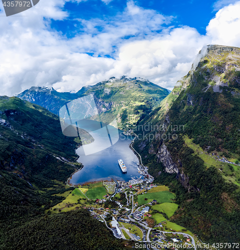 Image of Geiranger fjord, Norway aerial photography.