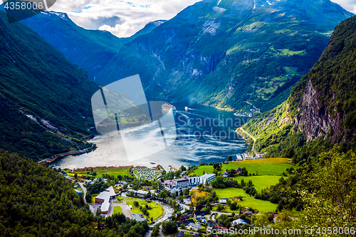 Image of Geiranger fjord, Norway aerial photography.