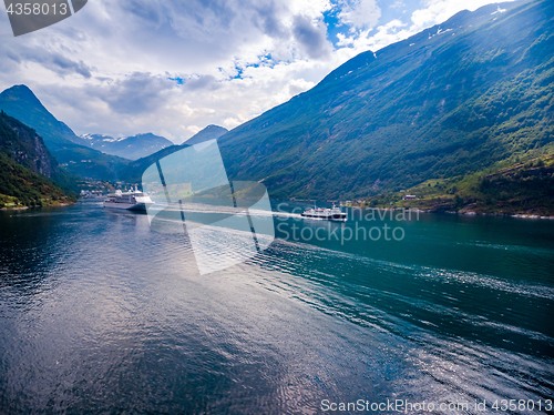 Image of Geiranger fjord, Norway aerial photography.