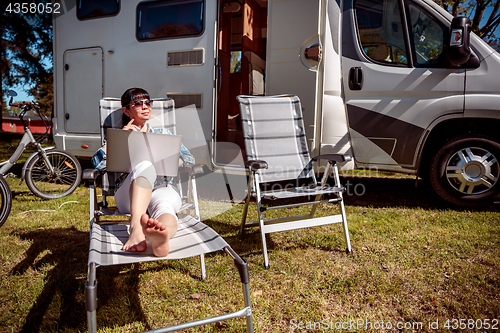 Image of Family vacation travel, holiday trip in motorhome RV