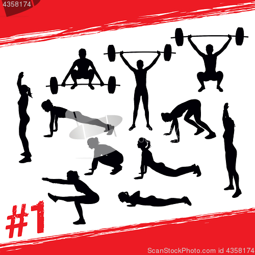 Image of Vector silhouettes of people doing fitness and crossfit workouts