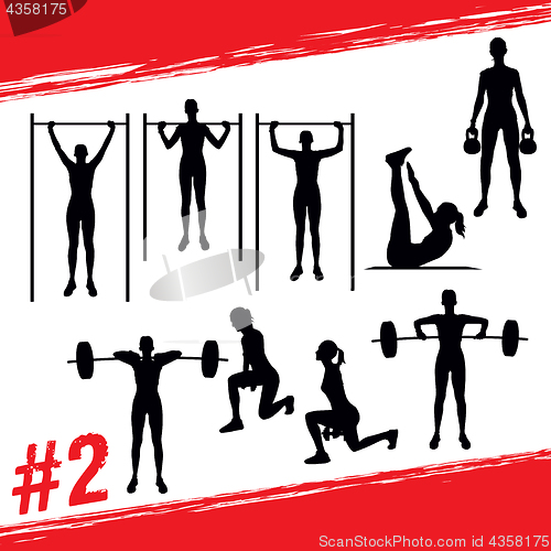 Image of Vector silhouettes of people doing fitness and crossfit workouts