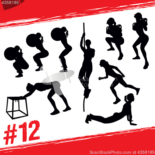 Image of Vector silhouettes of people doing fitness and crossfit workouts