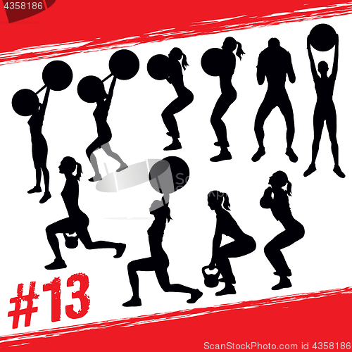 Image of Vector silhouettes of people doing fitness and crossfit workouts