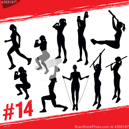 Image of Vector silhouettes of people doing fitness and crossfit workouts