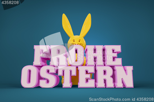 Image of the words happy easter in german language with a yellow bunny in