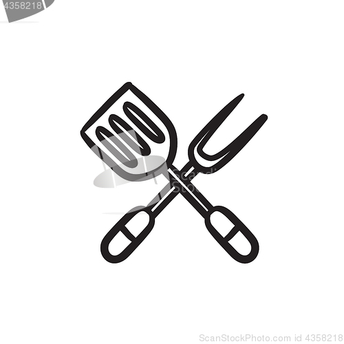 Image of Kitchen spatula and big fork sketch icon.