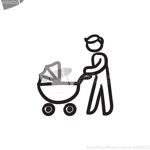 Image of Man walking with baby stroller sketch icon.