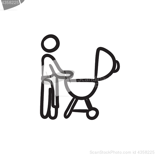 Image of Man at barbecue grill sketch icon.