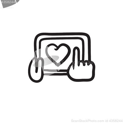 Image of Hands holding tablet with heart sign sketch icon.