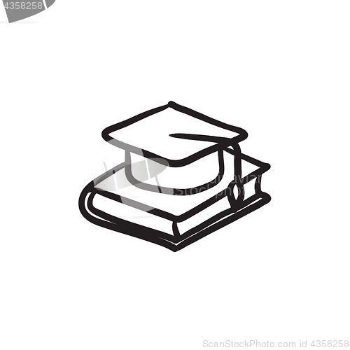 Image of Graduation cap laying on book sketch icon.