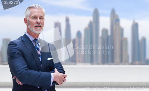 Image of Senior businessman in front of the big city