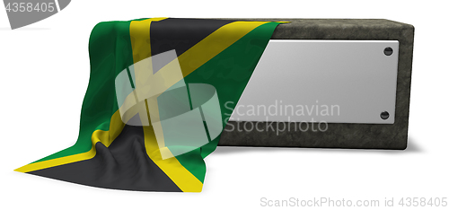 Image of stone socket with blank sign and flag of jamaica - 3d rendering