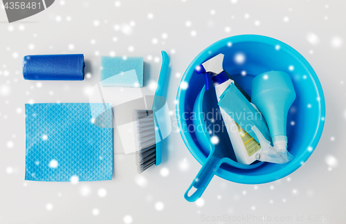 Image of basin with cleaning stuff on white background