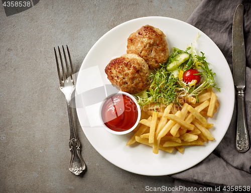 Image of Plate of fried potatoes and cutlets