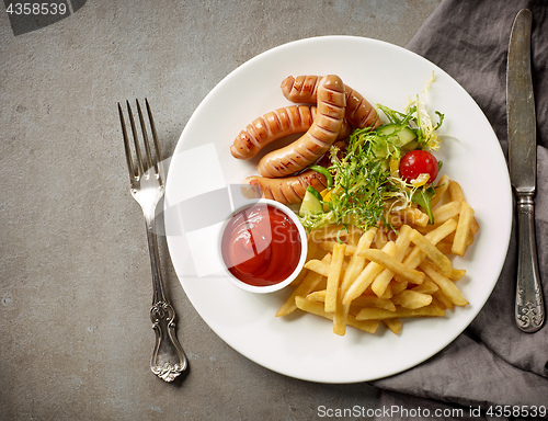 Image of Plate of fried potatoes and sausages