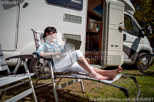 Image of Family vacation travel, holiday trip in motorhome RV