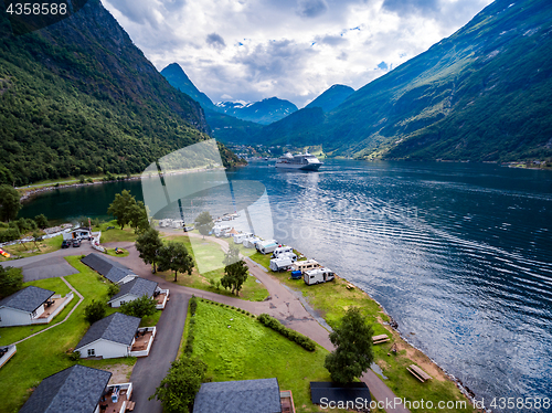 Image of Geiranger fjord, Norway aerial photography.