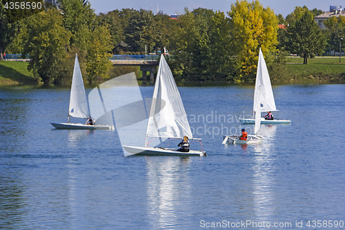 Image of Regatta sailing of small boats on the lake