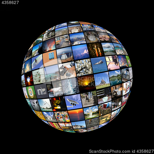 Image of Big Multimedia Video Wall Sphere at tv screens showing living in