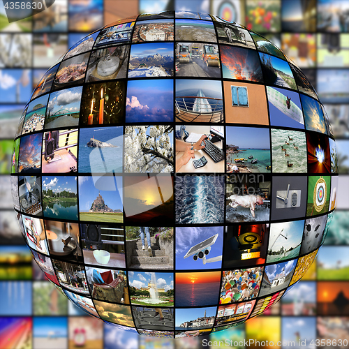 Image of Big Multimedia Video Wall Sphere at tv screens showing living in