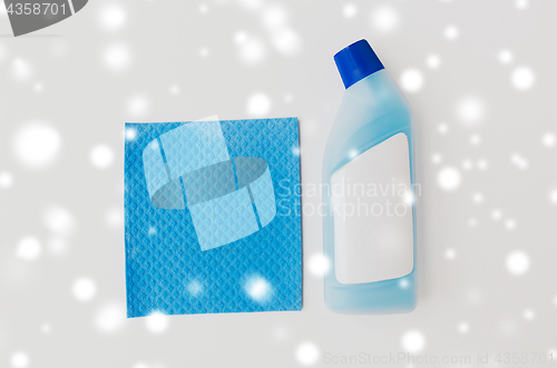 Image of bottle of detergent and blue rag on white