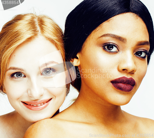 Image of different nation woman: african-american, caucasian together isolated on white background happy smiling, diverse type on skin, lifestyle people concept