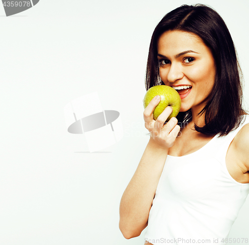 Image of woman with green apple smiling isolated on white background, lif