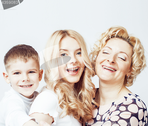 Image of happy smiling family together posing cheerful on white background, lifestyle people concept, mother with son and teenage daughter isolated 